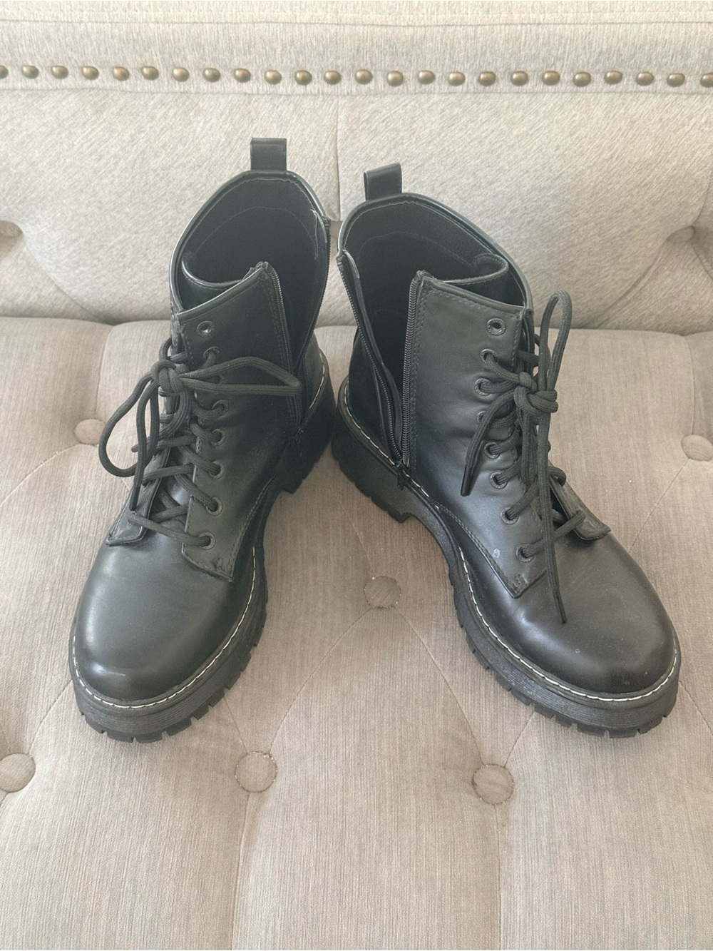 Women's Black Lace-Up Combat Boots with Side Zip